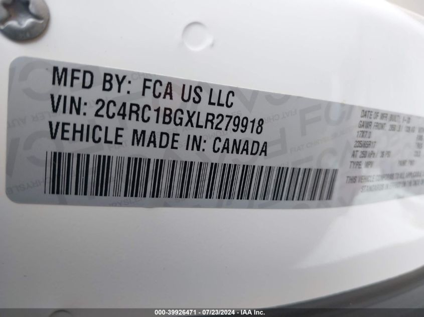 2020 Chrysler Pacifica Touring L VIN: 2C4RC1BGXLR279918 Lot: 39926471