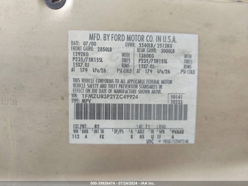 2000 Ford Explorer Xlt VIN: 1FMZU83P2YZC49924 Lot: 39926474