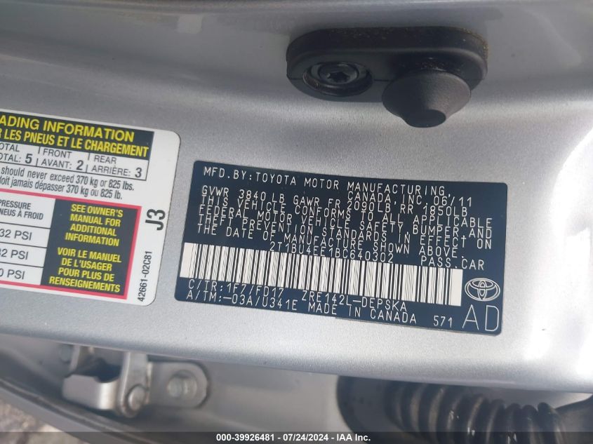 2011 Toyota Corolla S VIN: 2T1BU4EE1BC640302 Lot: 39926481