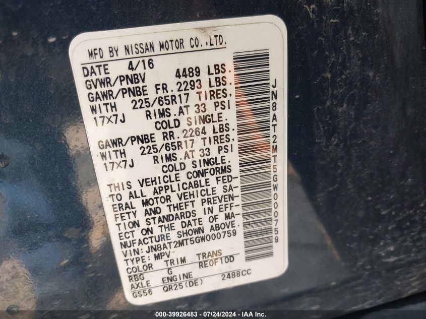 2016 Nissan Rogue S VIN: JN8AT2MT5GW000759 Lot: 39926483