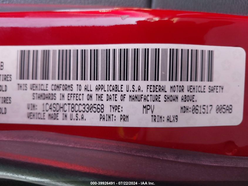 2012 Dodge Durango R/T VIN: 1C4SDHCT8CC330568 Lot: 39926491