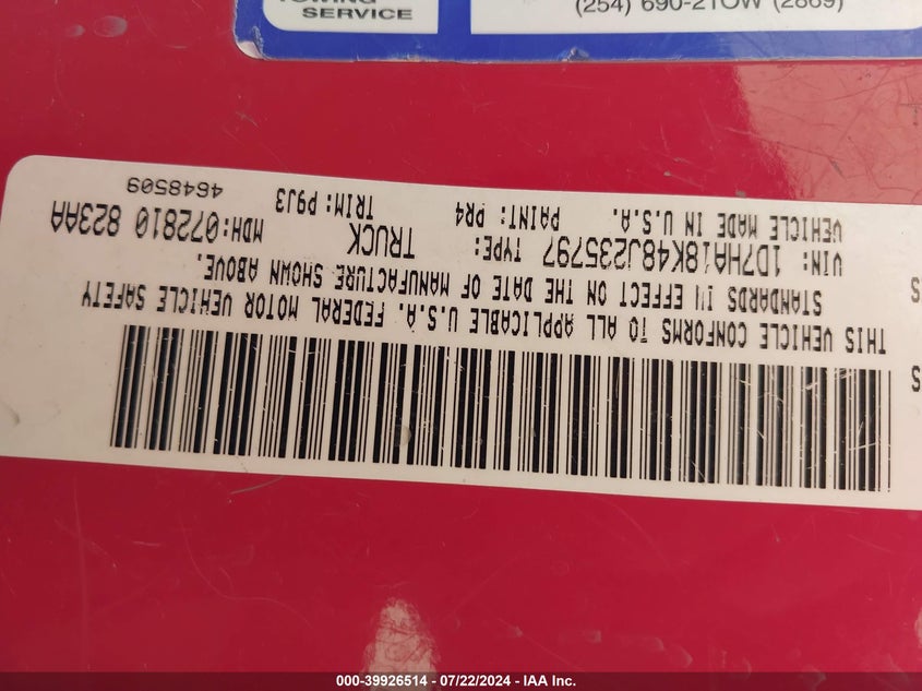 2008 Dodge Ram 1500 St/Sxt VIN: 1D7HA18K48J235797 Lot: 39926514
