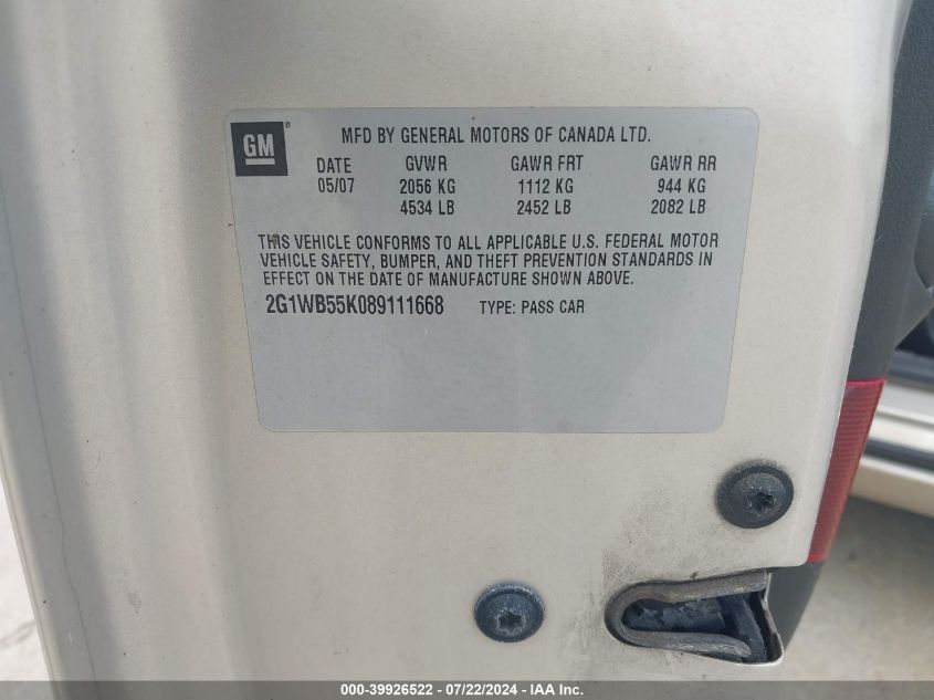 2008 Chevrolet Impala Ls VIN: 2G1WB55K089111668 Lot: 39926522