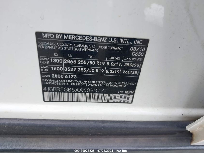 4JGBB5GB5AA603377 2010 Mercedes-Benz Ml 350