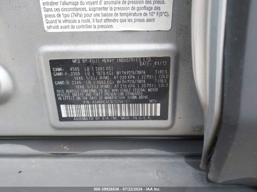 2012 Subaru Outback 2.5I VIN: 4S4BRCAC9C3256127 Lot: 39926536