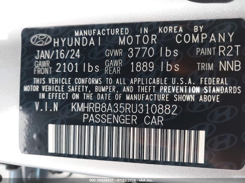 KMHRB8A35RU310882 2024 Hyundai Venue Se