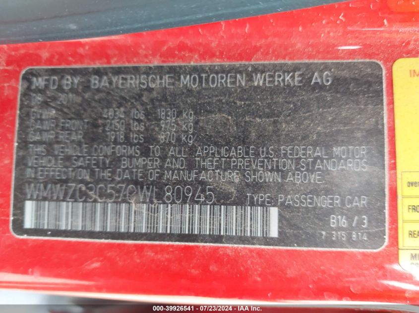 2012 Mini Cooper S Countryman VIN: WMWZC3C57CWL80945 Lot: 39926541