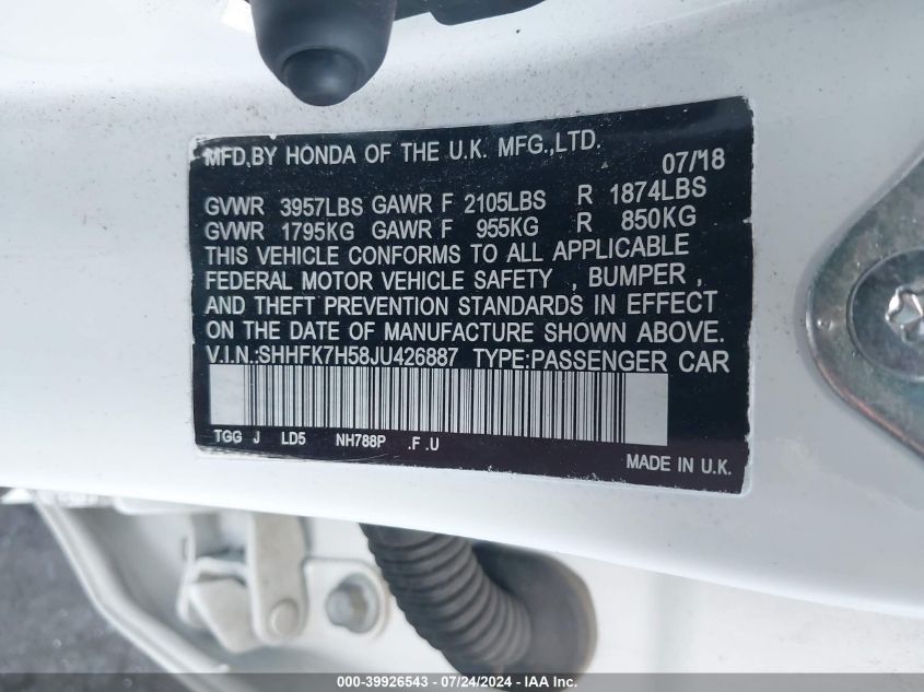 2018 Honda Civic Ex VIN: SHHFK7H58JU426887 Lot: 39926543