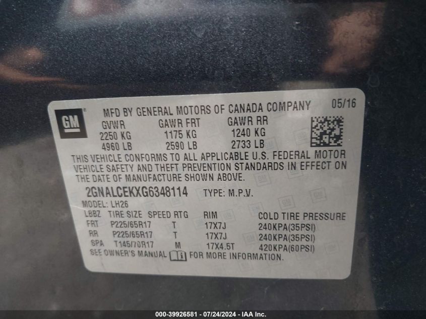 2GNALCEKXG6348114 2016 Chevrolet Equinox Lt