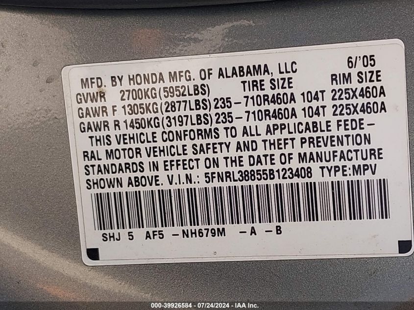 2005 Honda Odyssey Touring VIN: 5FNRL38855B123408 Lot: 39926584