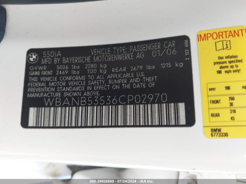 2006 BMW 550I VIN: WBANB53536CP02970 Lot: 39926585