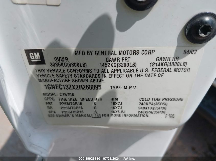 2002 Chevrolet Tahoe Lt VIN: 1GNEC13ZX2R268895 Lot: 39926610