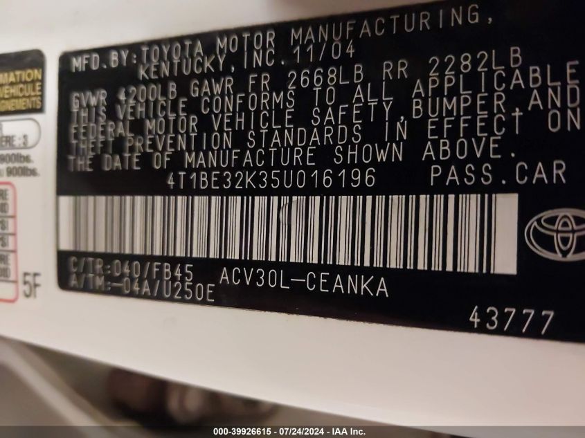 2005 Toyota Camry Le VIN: 4T1BE32K35U016196 Lot: 39926615