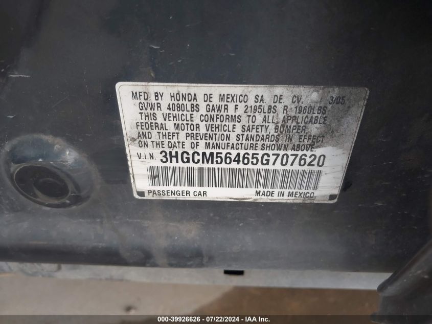 2005 Honda Accord 2.4 Lx VIN: 3HGCM56465G707620 Lot: 39926626