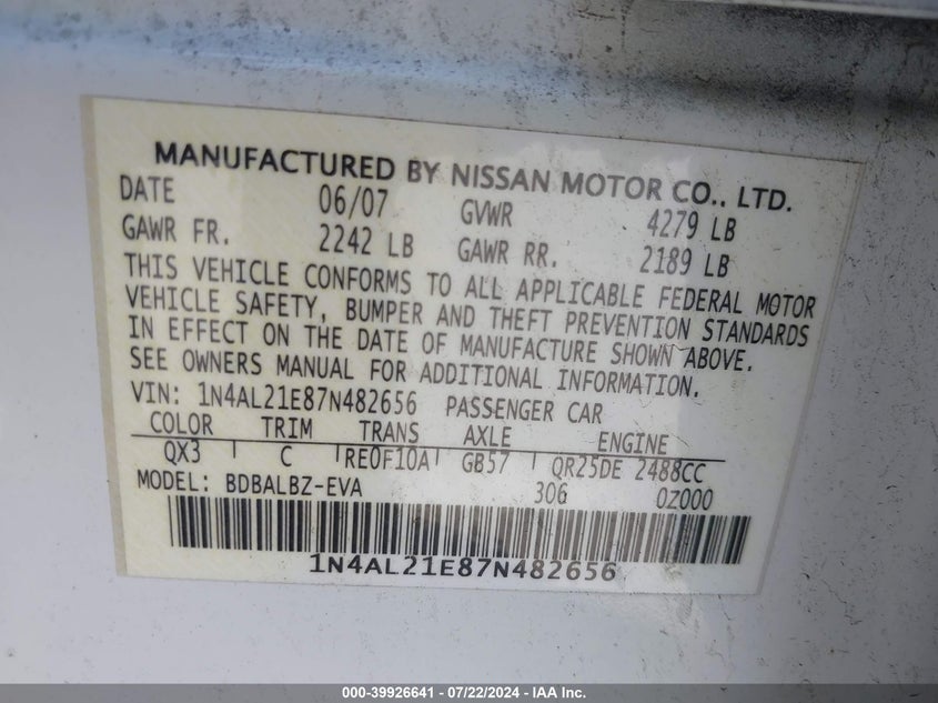 2007 Nissan Altima 2.5 S VIN: 1N4AL21E87N482656 Lot: 39926641