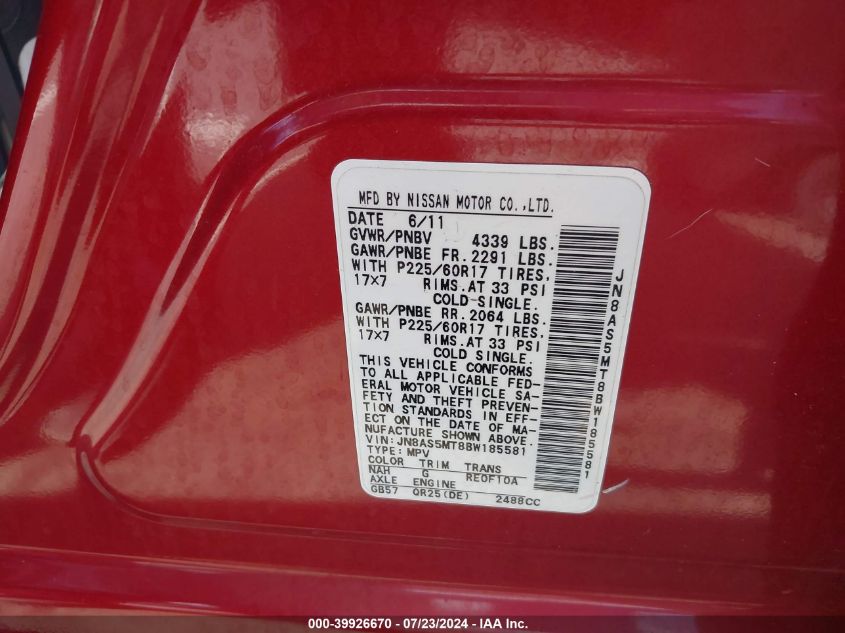 2011 Nissan Rogue S/Sv/Krom VIN: JN8AS5MT8BW185581 Lot: 39926670