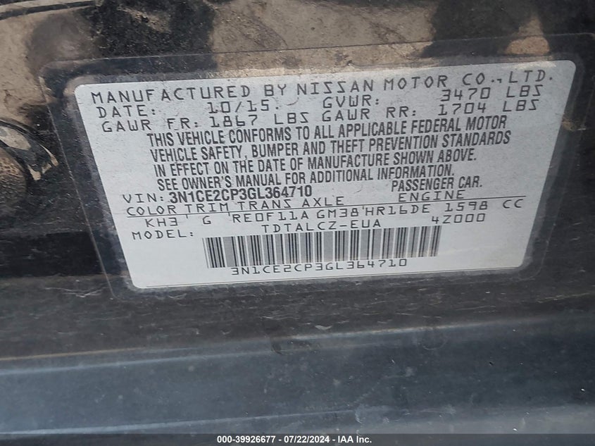 2016 Nissan Versa Note S Plus VIN: 3N1CE2CP3GL364710 Lot: 39926677