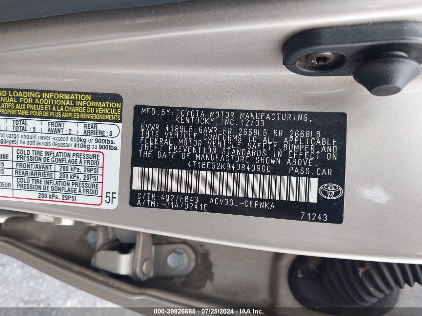 2004 Toyota Camry VIN: 4BIBE32K94U840900 Lot: 39926685