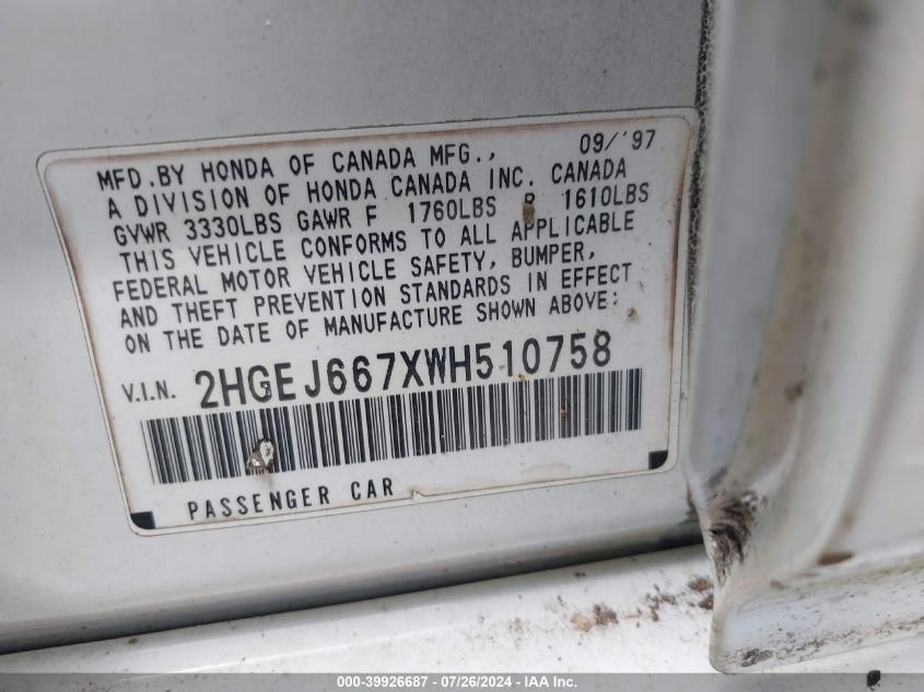 1998 Honda Civic Lx VIN: 2HGEJ667XWH510758 Lot: 39926687