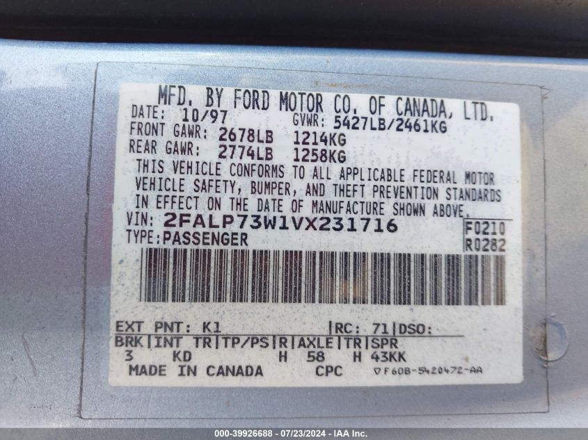 1997 Ford Crown Victoria VIN: 2FALP73W1VX231716 Lot: 39926688