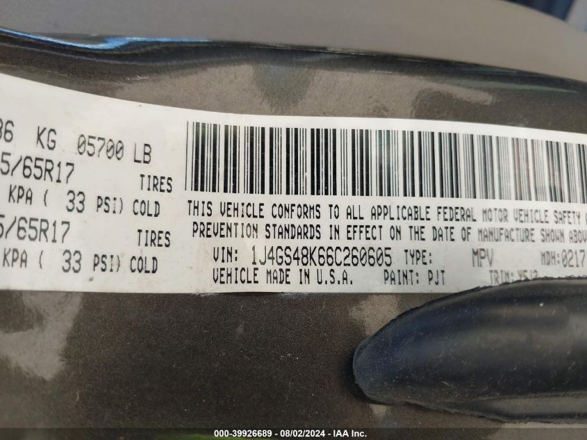 2006 Jeep Grand Cherokee Laredo/Columbia/Freedom VIN: 1J4GS48K66C260605 Lot: 39926689