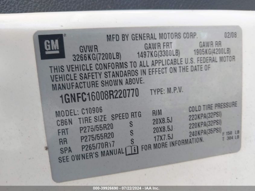 2008 Chevrolet Suburban 1500 Ltz VIN: 1GNFC16008R220770 Lot: 39926690