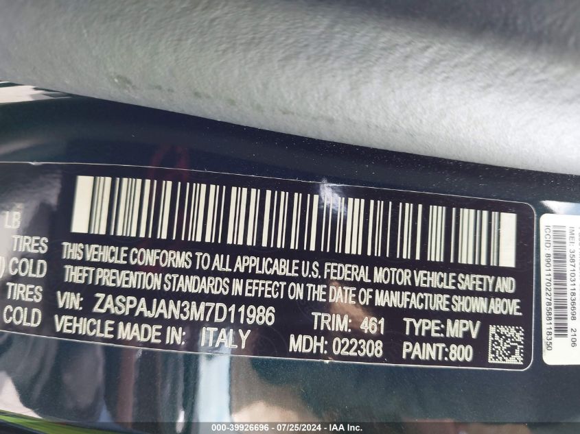 2021 Alfa Romeo Stelvio Rwd VIN: ZASPAJAN3M7D11986 Lot: 39926696