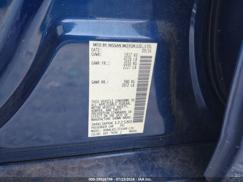 VIN 1N4AL3AP4HC122580 2017 NISSAN ALTIMA 2.5/S/SV/SL/SR