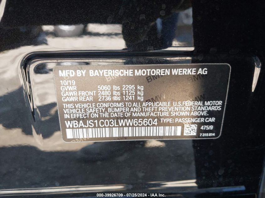 2020 BMW 540I VIN: WBAJS1C03LWW65604 Lot: 39926709