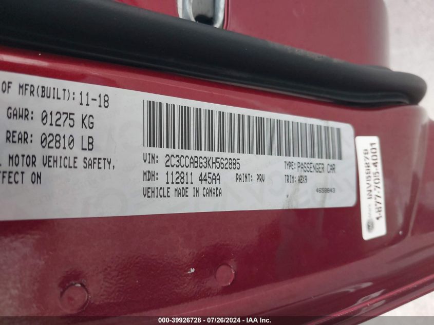 2019 Chrysler 300 S VIN: 2C3CCABG3KH562885 Lot: 39926728