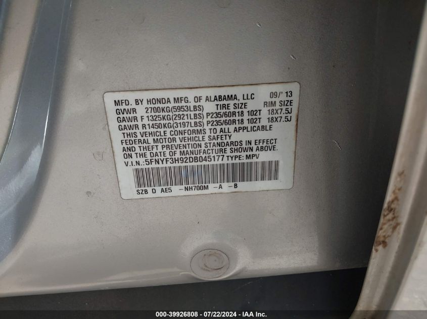 2013 Honda Pilot Touring VIN: 5FNYF3H92DB045177 Lot: 39926808