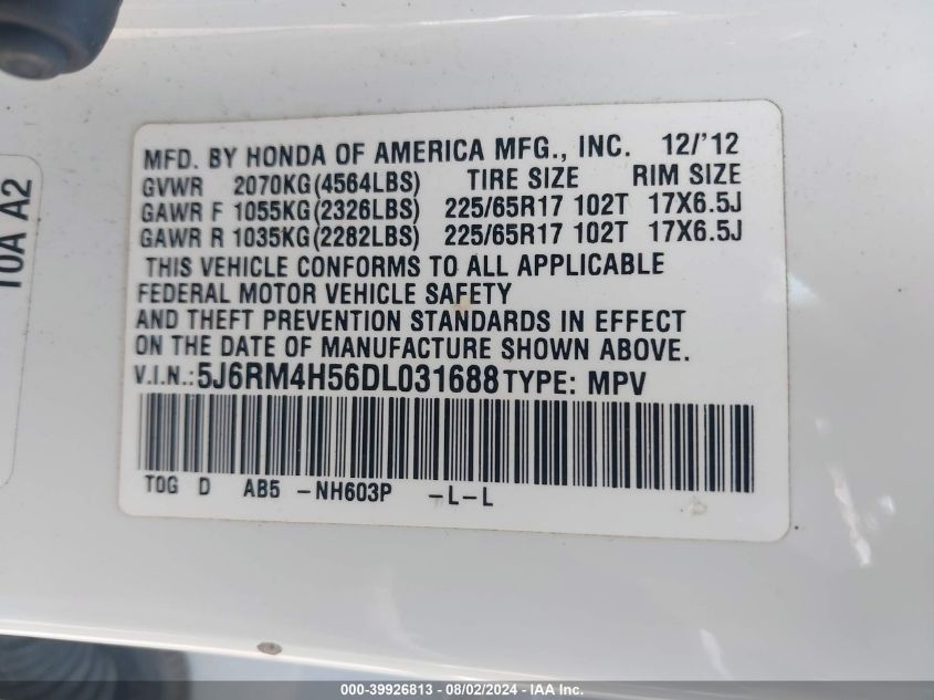 2013 Honda Cr-V Ex VIN: 5J6RM4H56DL031688 Lot: 39926813