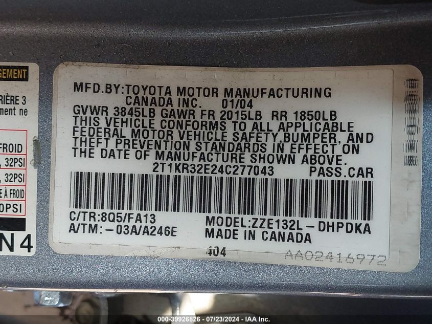 2004 Toyota Matrix Standard VIN: 2T1KR32E24C277043 Lot: 39926826