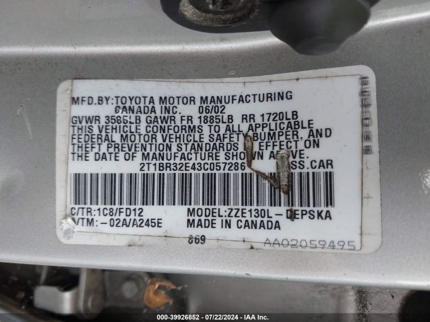 2003 Toyota Corolla S VIN: 2T1BR32E43C057286 Lot: 39926852