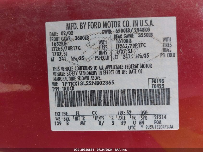 2002 Ford F150 VIN: 1FTRX18L22NB02865 Lot: 39926861
