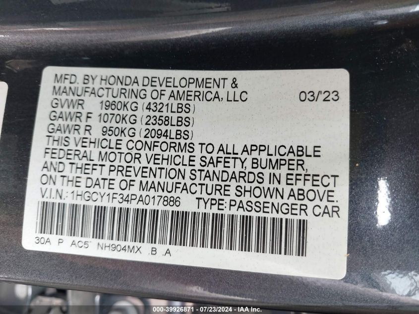 1HGCY1F34PA017886 2023 Honda Accord Ex