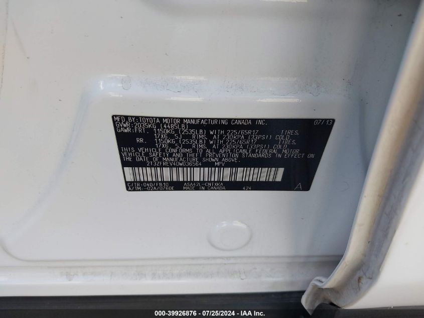 2013 Toyota Rav4 Le VIN: 2T3ZFREV4DW036564 Lot: 39926876