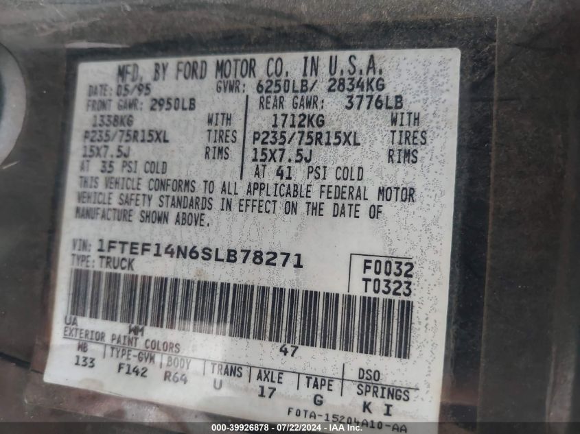 1995 Ford F150 VIN: 1FTEF14N6SLB78271 Lot: 39926878
