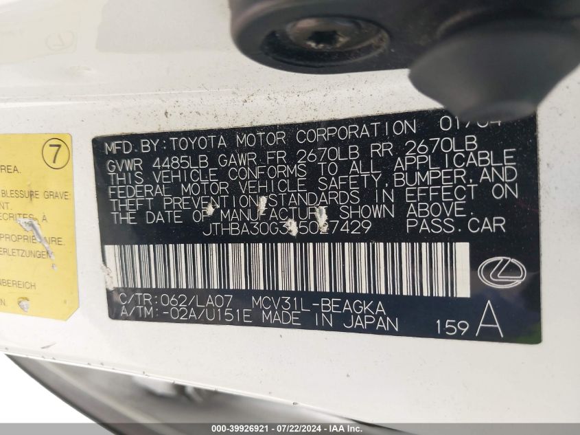 2004 Lexus Es 330 VIN: JTHBA30G345027429 Lot: 39926921