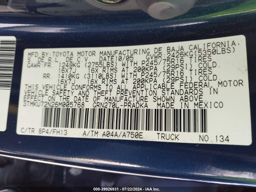 2006 Toyota Tacoma Prerunner V6 VIN: 3TMKU72N26M005768 Lot: 39926931