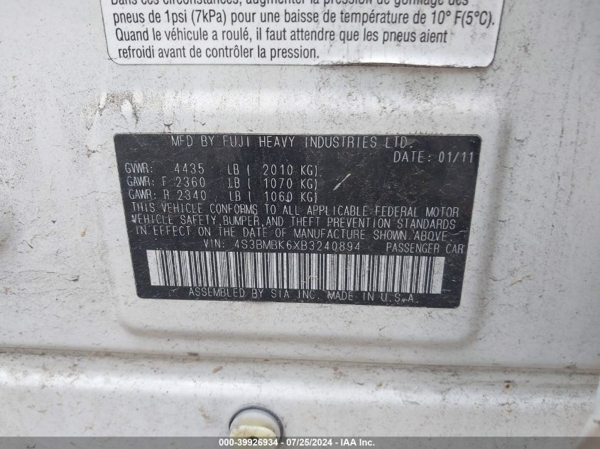 2011 Subaru Legacy 2.5I Limited VIN: 4S3BMBK6XB3240894 Lot: 39926934