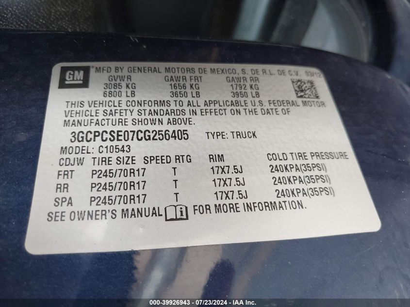 2012 Chevrolet Silverado 1500 Lt VIN: 3GCPCSE07CG256405 Lot: 39926943