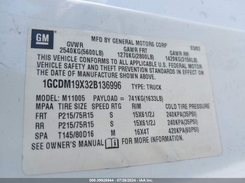 2002 Chevrolet Astro VIN: 1GCDM19X32B136996 Lot: 39926944