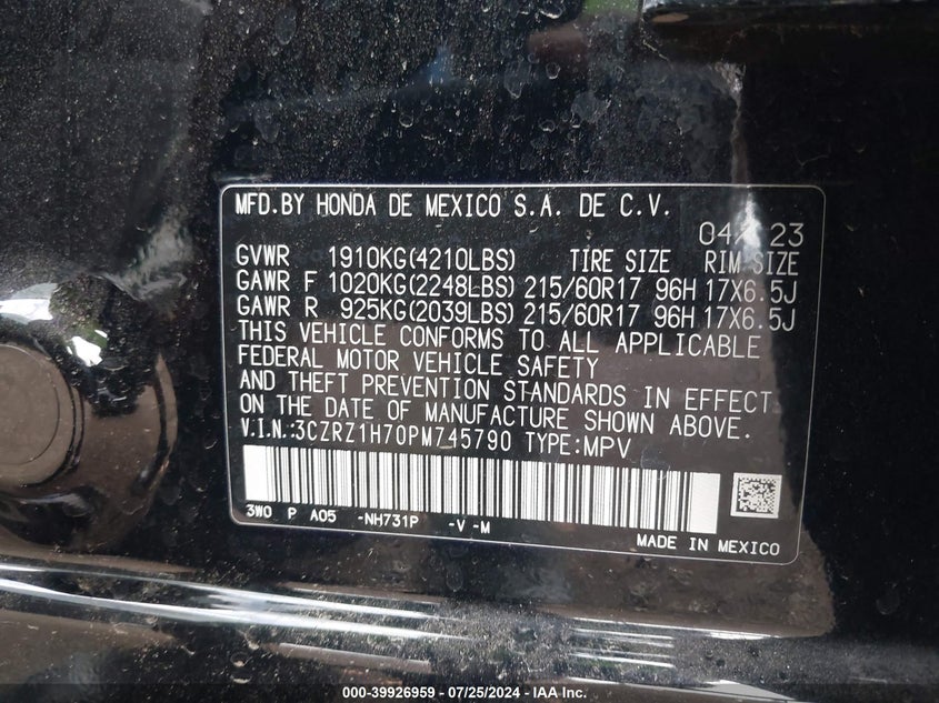 2023 Honda Hr-V 2Wd Ex-L VIN: 3CZRZ1H70PM745790 Lot: 39926959