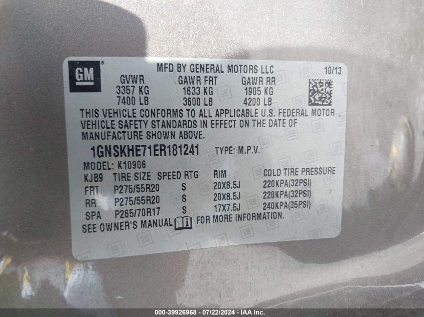 2014 Chevrolet Suburban 1500 Ls VIN: 1GNSKHE71ER181241 Lot: 39926968