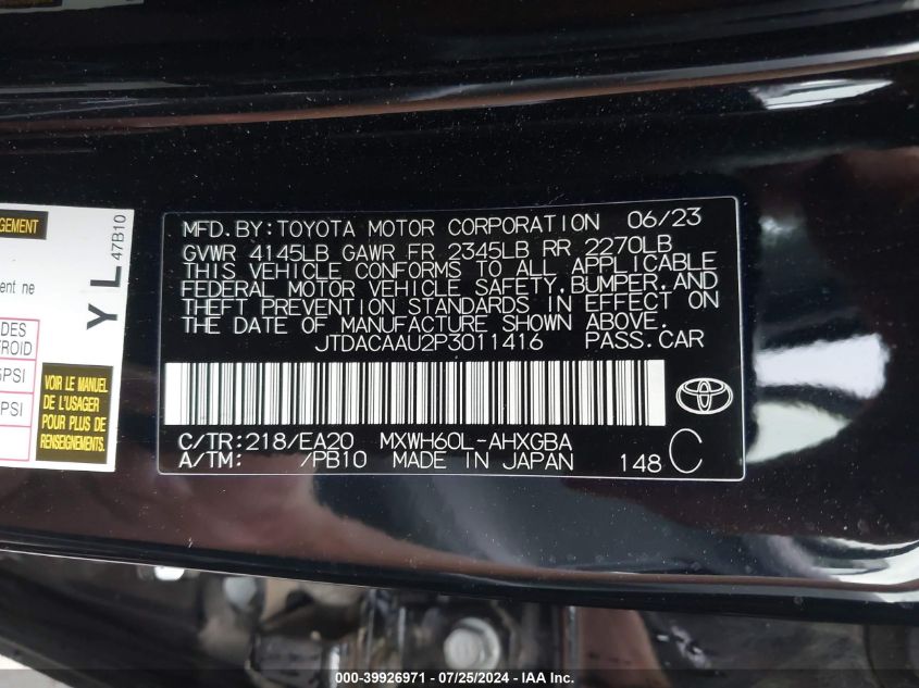 2023 Toyota Prius Xle VIN: JTDACAAU2P3011416 Lot: 39926971