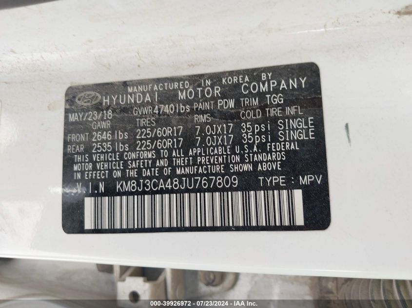 2018 Hyundai Tucson Sel VIN: KM8J3CA48JU767809 Lot: 39926972