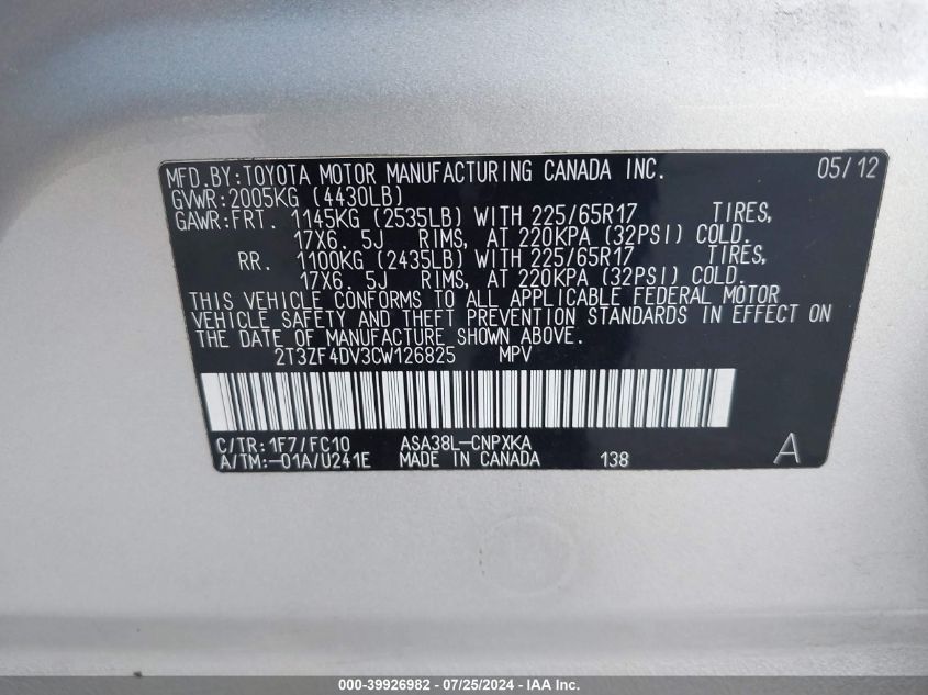 2012 Toyota Rav4 VIN: 2T3ZF4DV3CW126825 Lot: 39926982