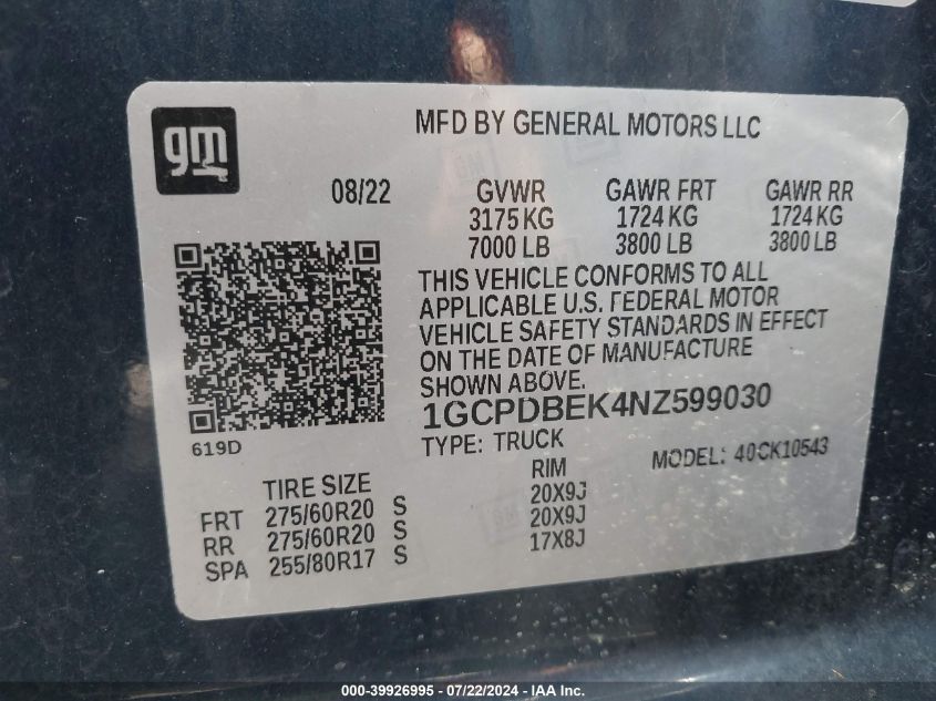 2022 Chevrolet Silverado 1500 4Wd Short Bed Custom VIN: 1GCPDBEK4NZ599030 Lot: 39926995