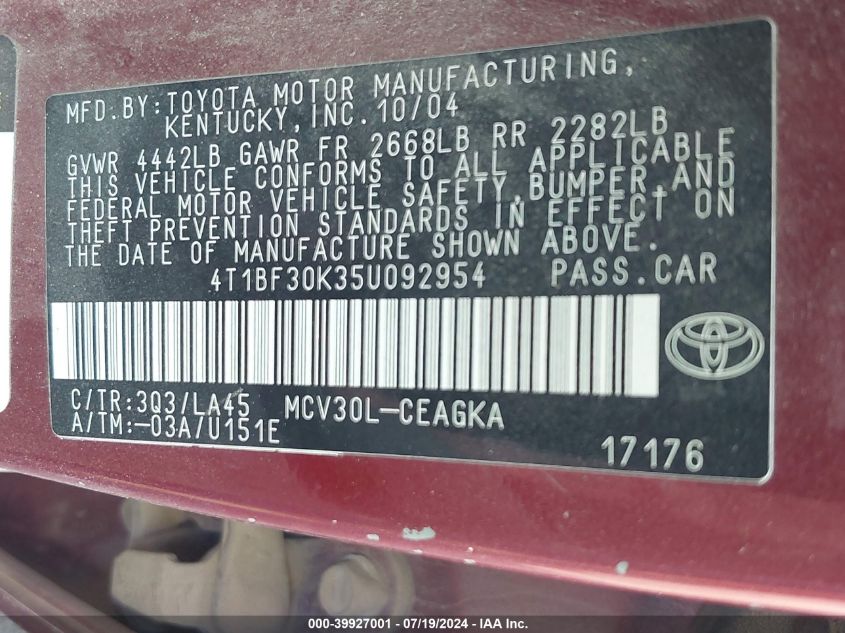 2005 Toyota Camry Xle V6 VIN: 4T1BF30K35U092954 Lot: 39927001